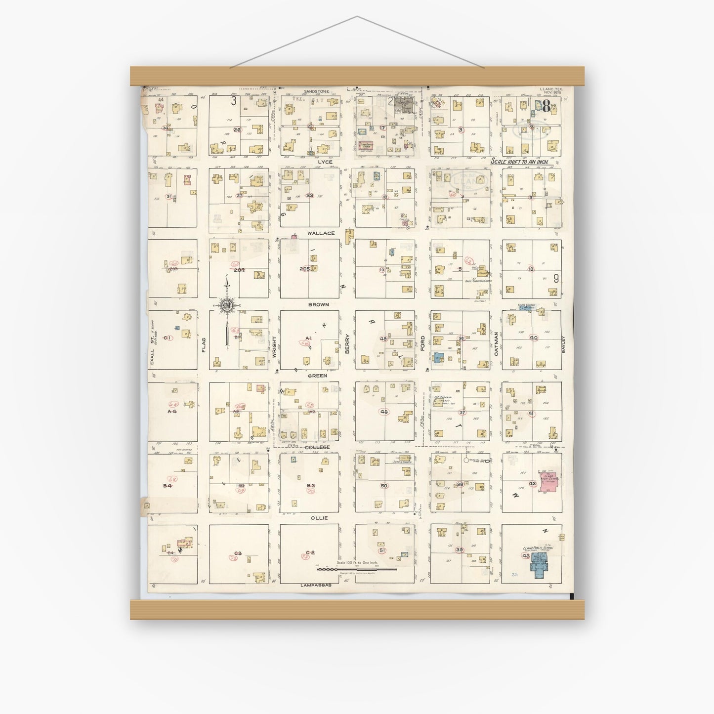 Old map wall art mockup — magnetic wood frame on white wall — Sanborn Fire Insurance Map from Llano, Llano County, Texas (1942), Sheet #0008