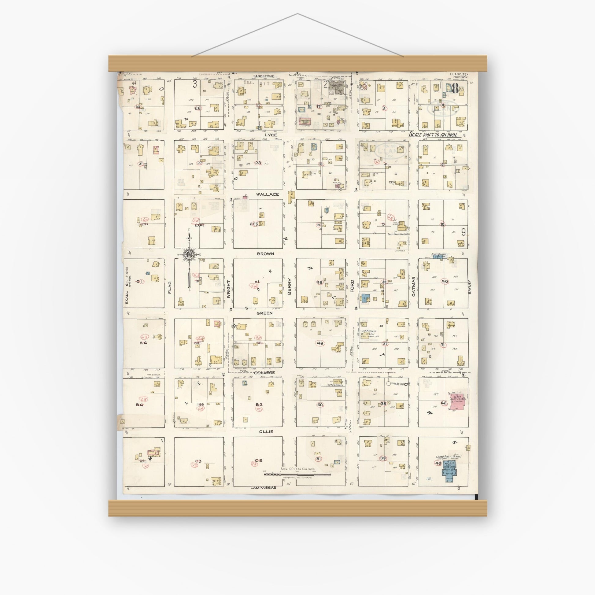 Old map wall art mockup — magnetic wood frame on white wall — Sanborn Fire Insurance Map from Llano, Llano County, Texas (1942), Sheet #0008