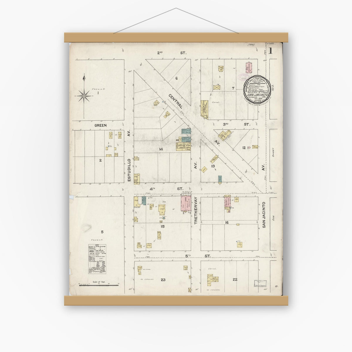 Old map wall art mockup — magnetic wood frame on white wall — Sanborn Fire Insurance Map from San Jacinto, Riverside County, California (1888) - Complete Map Set