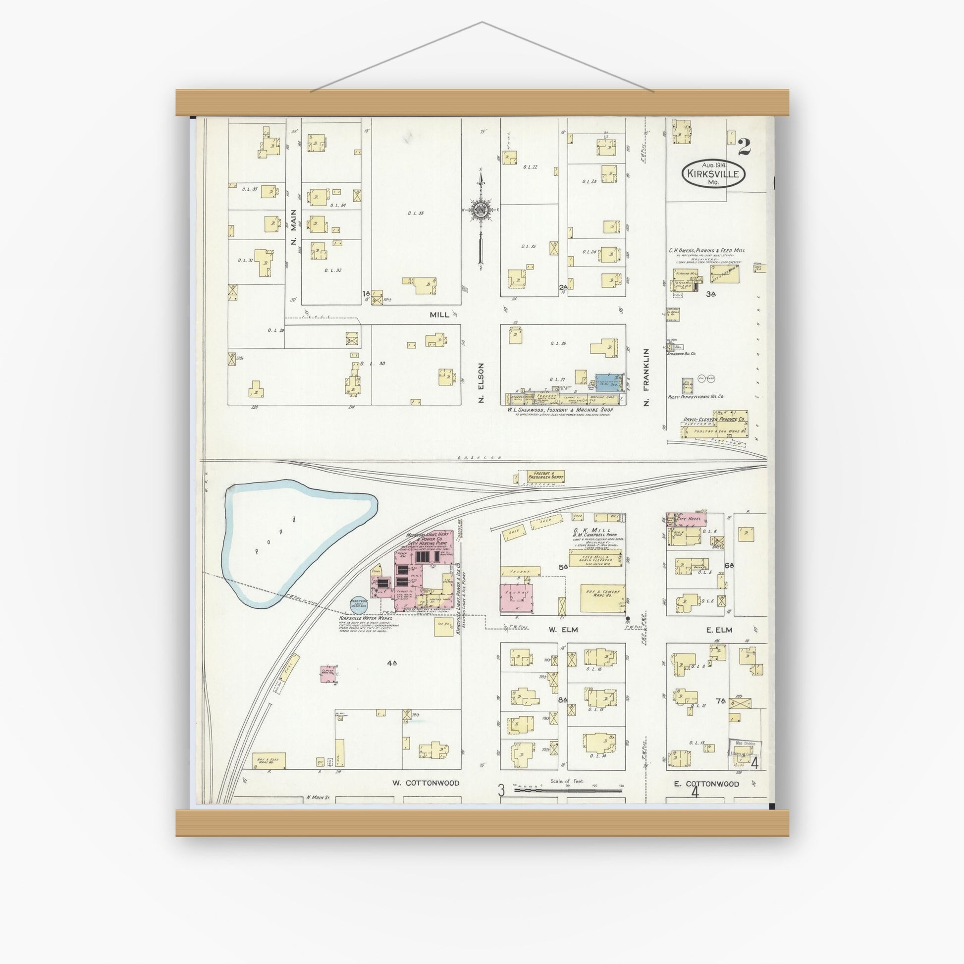 Old map wall art mockup — magnetic wood frame on white wall — Sanborn Fire Insurance Map from Kirksville, Adair County, Missouri (1914), Sheet #0002