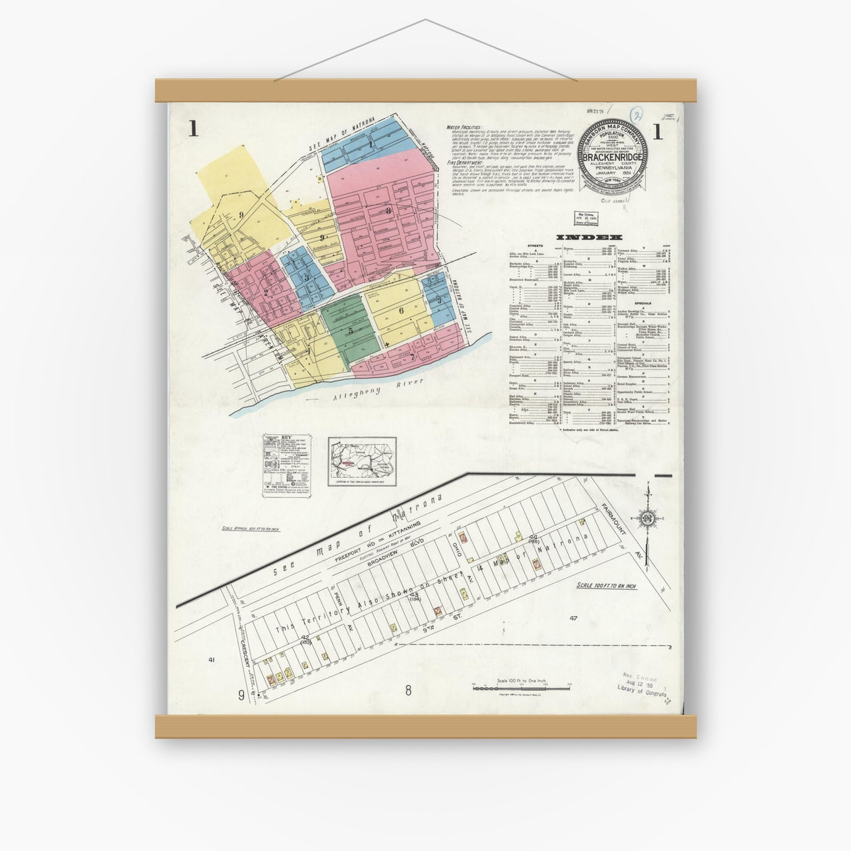 Old map wall art mockup — magnetic wood frame on white wall — Sanborn Fire Insurance Map from Brackenridge, Allegheny County, Pennsylvania (1924), Sheet #0001