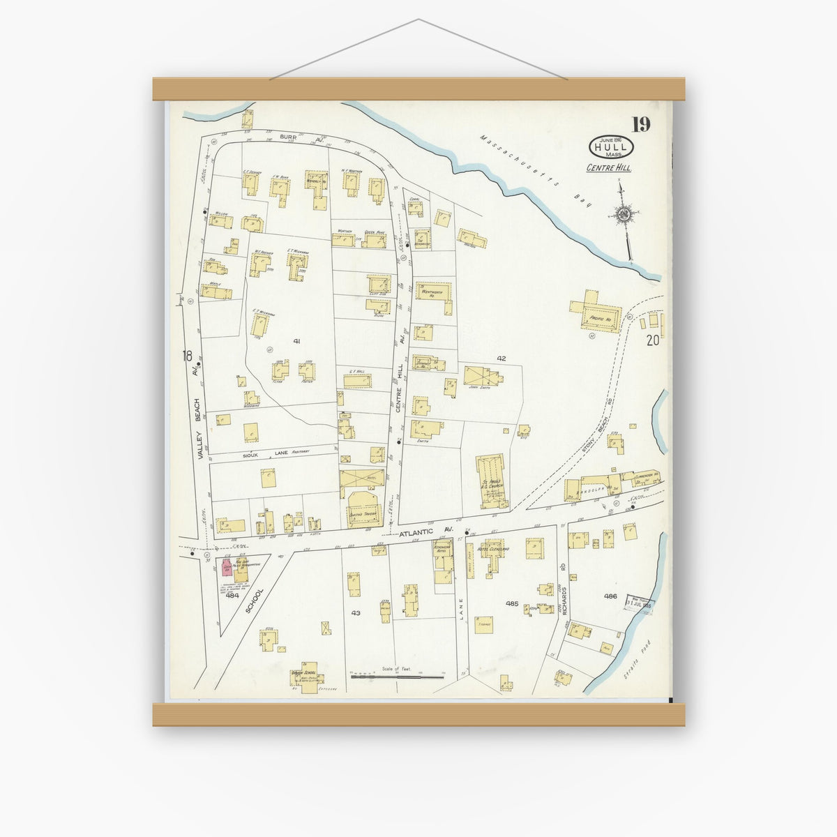 Old map wall art mockup — magnetic wood frame on white wall — Sanborn Fire Insurance Map from Hull, Plymouth County, Massachusetts (1916), Sheet #0019
