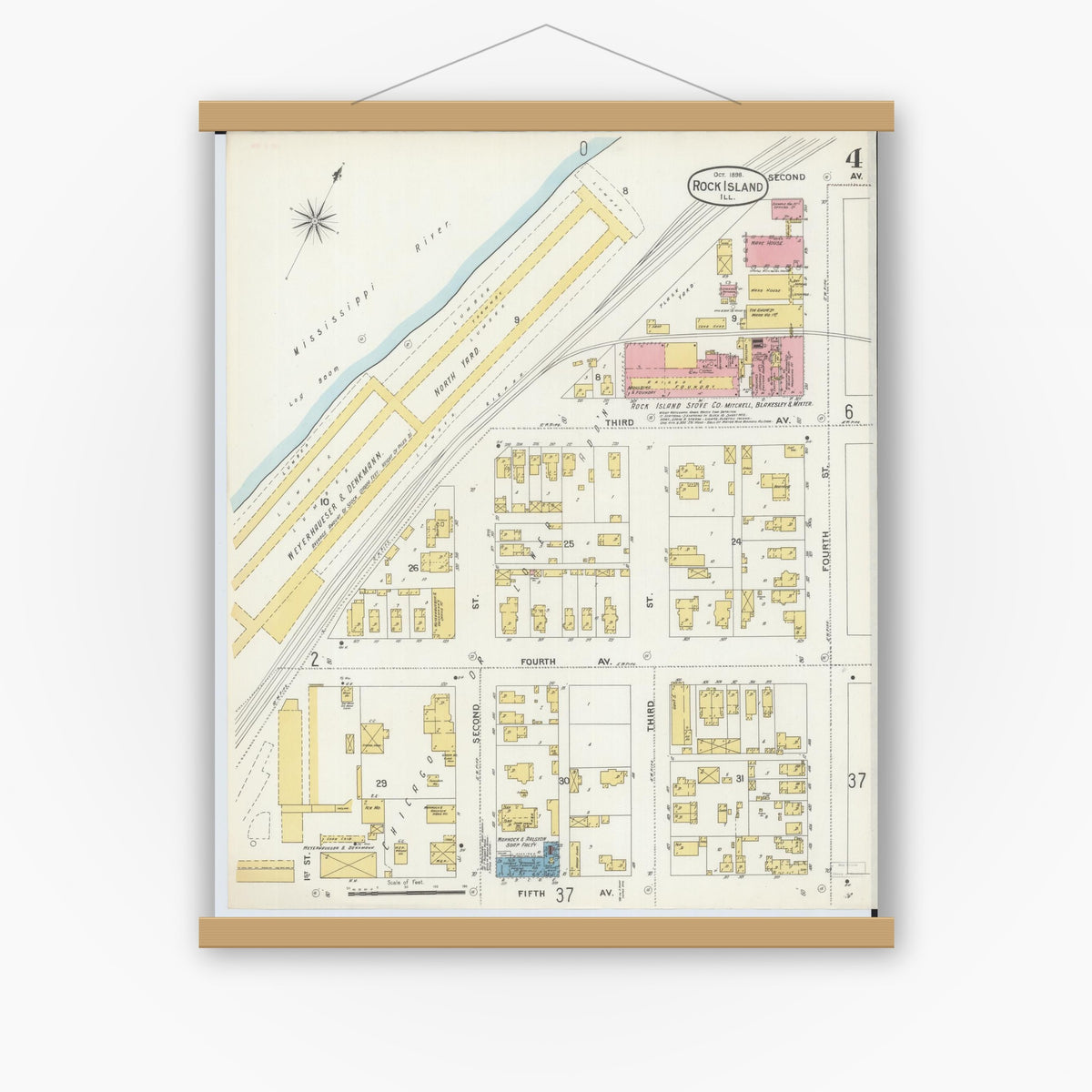 Old map wall art mockup — magnetic wood frame on white wall — Sanborn Fire Insurance Map from Rock Island, Rock Island County, Illinois (1898), Sheet #0004