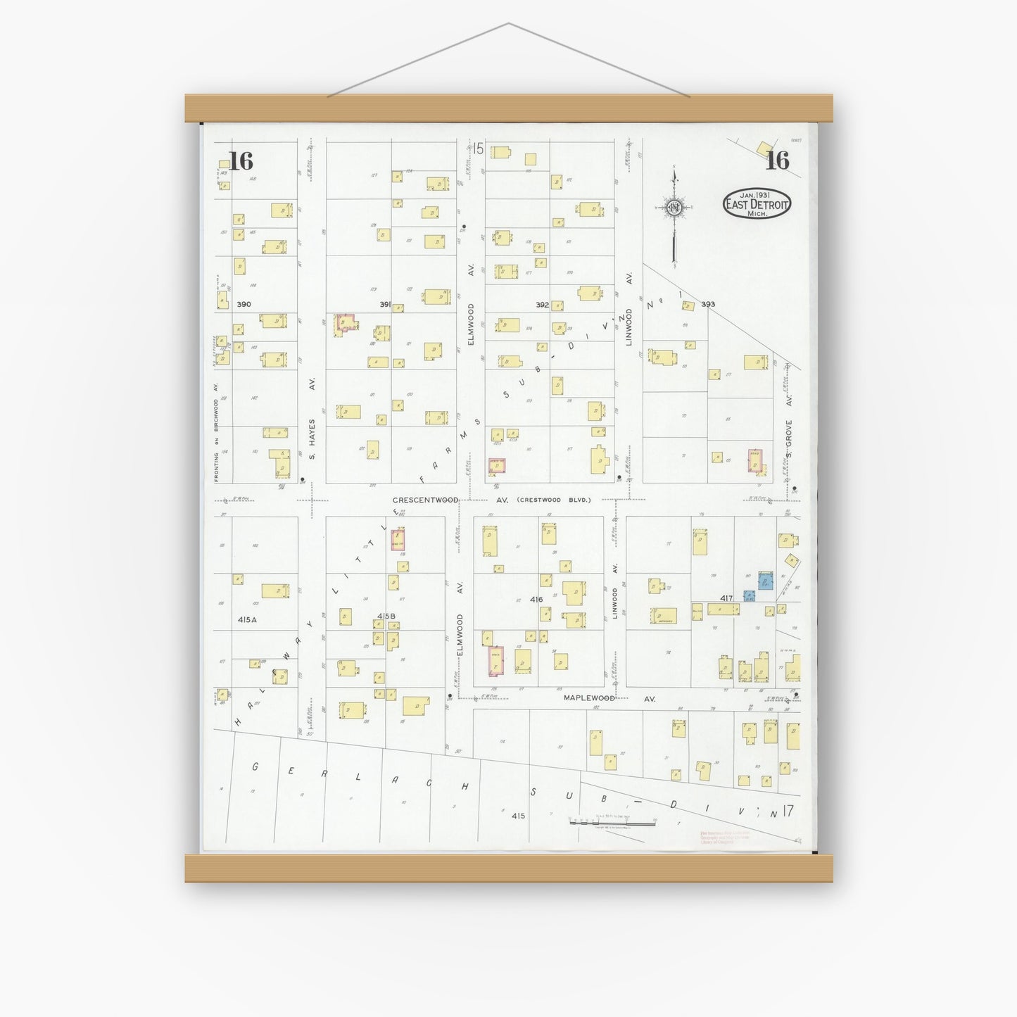 Old map wall art mockup — magnetic wood frame on white wall — Sanborn Fire Insurance Map from East Detroit, Macomb County, Michigan (1931), Sheet #0016