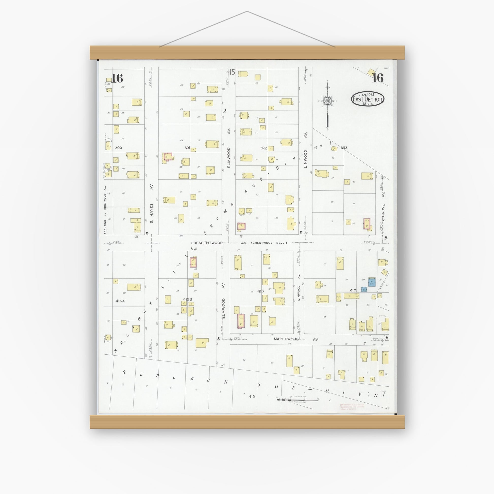 Old map wall art mockup — magnetic wood frame on white wall — Sanborn Fire Insurance Map from East Detroit, Macomb County, Michigan (1931), Sheet #0016