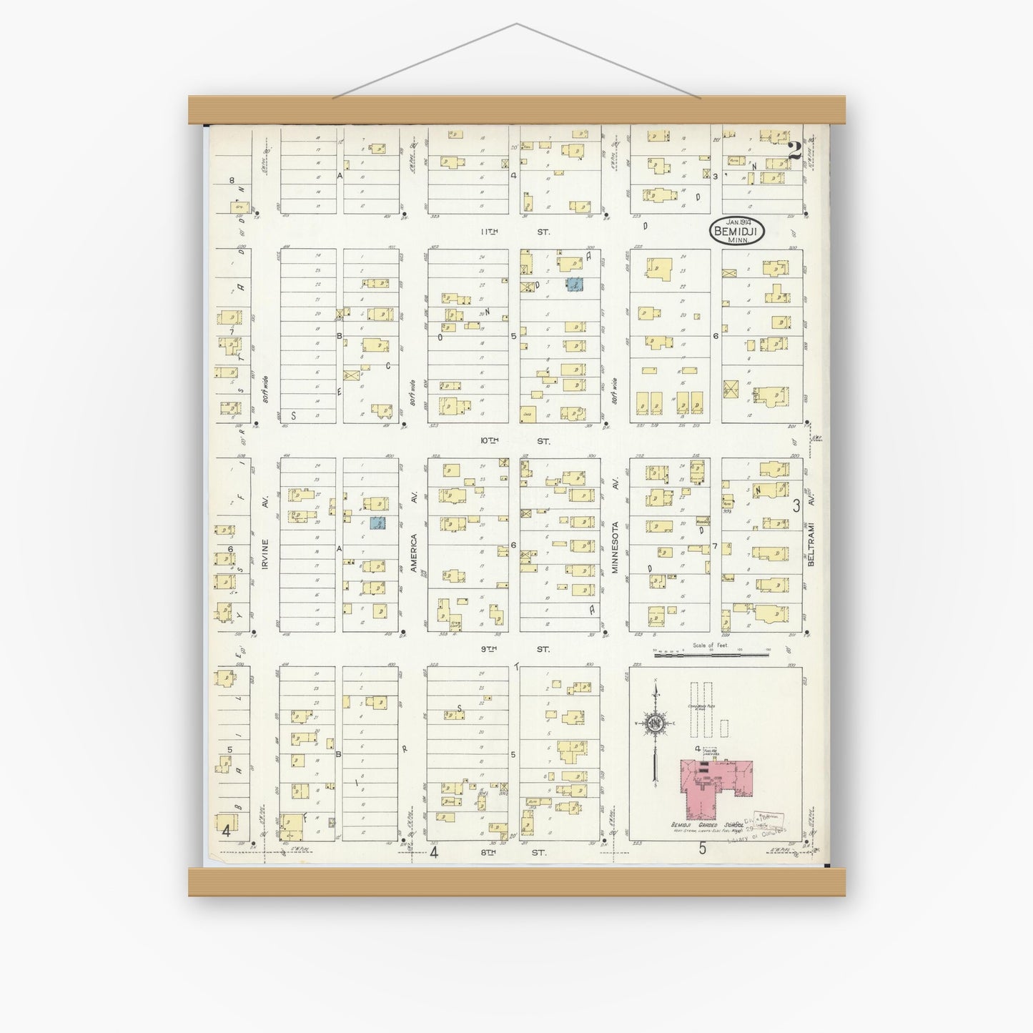 Old map wall art mockup — magnetic wood frame on white wall — Sanborn Fire Insurance Map from Bemidji, Beltrami County, Minnesota (1914), Sheet #0002