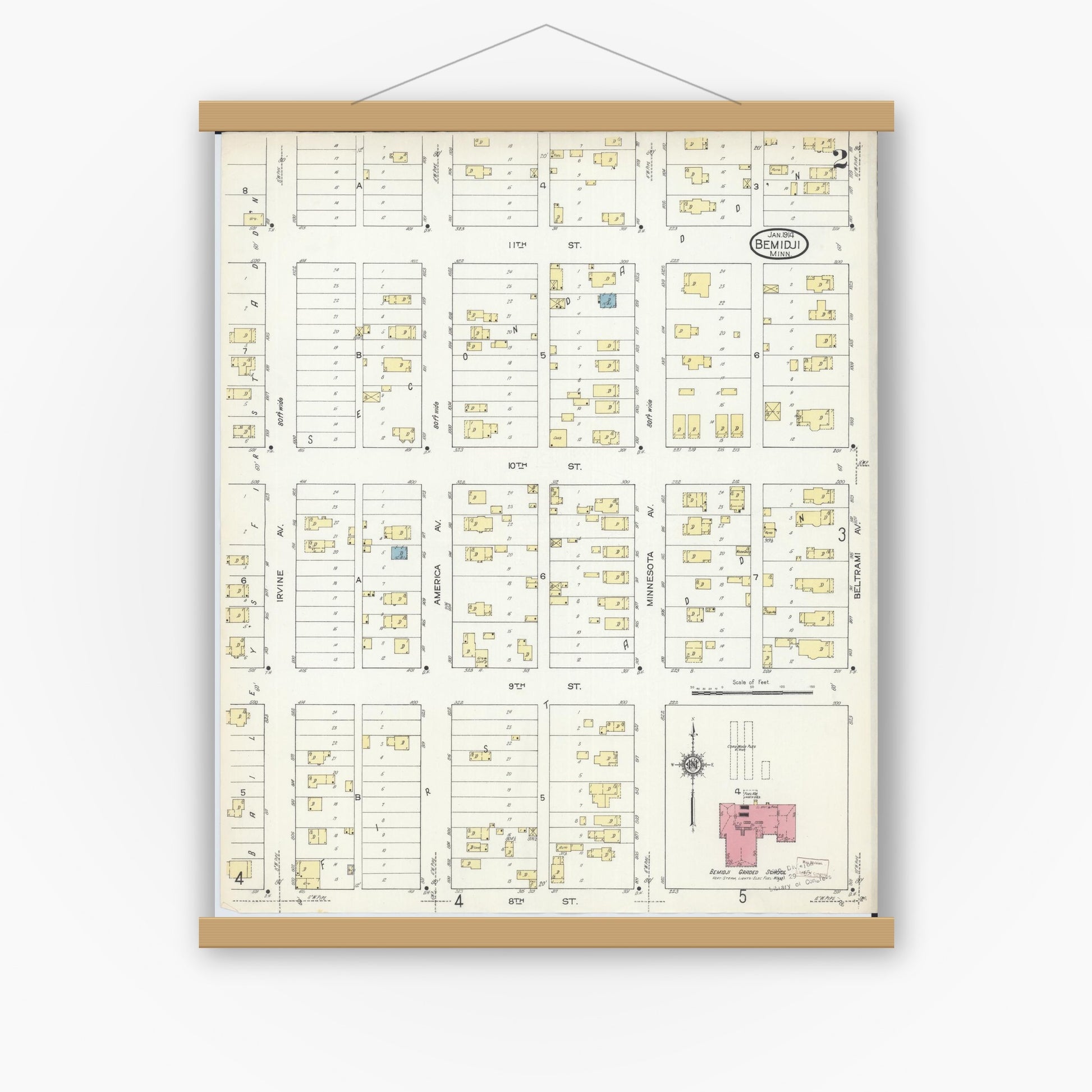 Old map wall art mockup — magnetic wood frame on white wall — Sanborn Fire Insurance Map from Bemidji, Beltrami County, Minnesota (1914), Sheet #0002