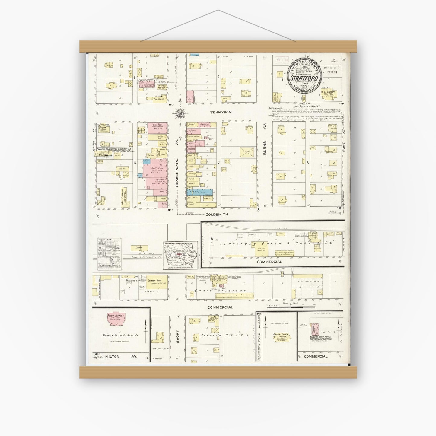 Old map wall art mockup — magnetic wood frame on white wall — Sanborn Fire Insurance Map from Stratford, Hamilton County, Iowa (1915), Sheet #0001