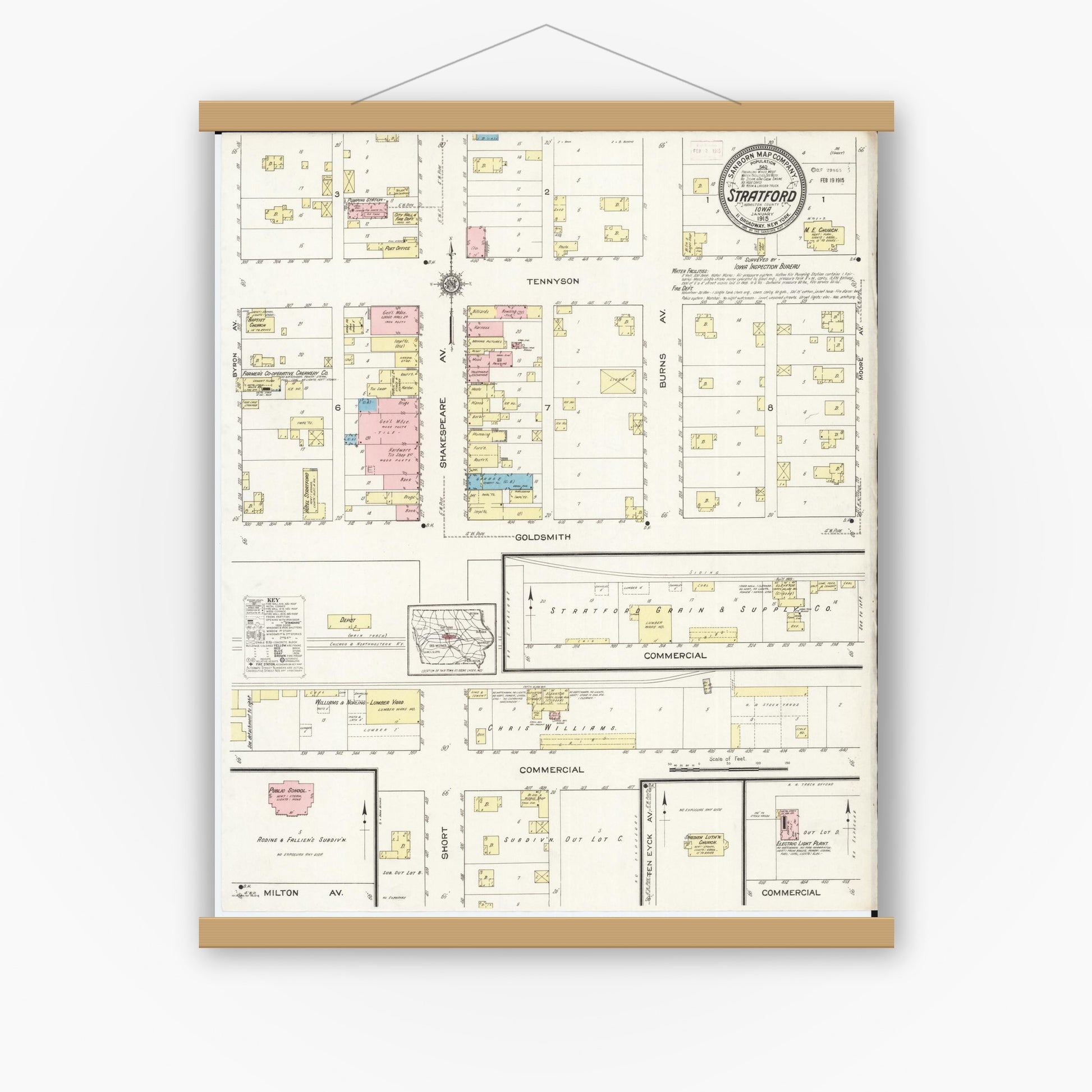 Old map wall art mockup — magnetic wood frame on white wall — Sanborn Fire Insurance Map from Stratford, Hamilton County, Iowa (1915), Sheet #0001