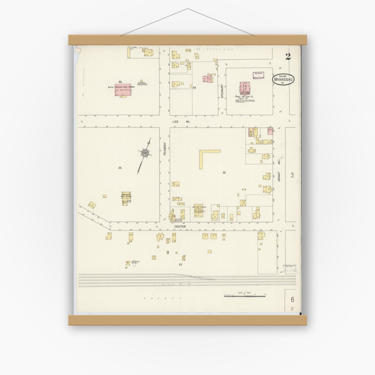 Old map wall art mockup — magnetic wood frame on white wall — Sanborn Fire Insurance Map from Manassas, Independent Cities, Virginia (1912), Sheet #0002