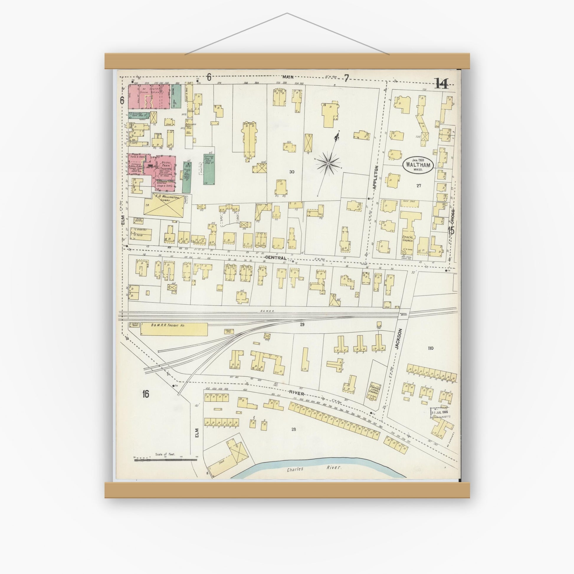 Old map wall art mockup — magnetic wood frame on white wall — Sanborn Fire Insurance Map from Waltham, Middlesex County, Massachusetts (1903), Sheet #0014