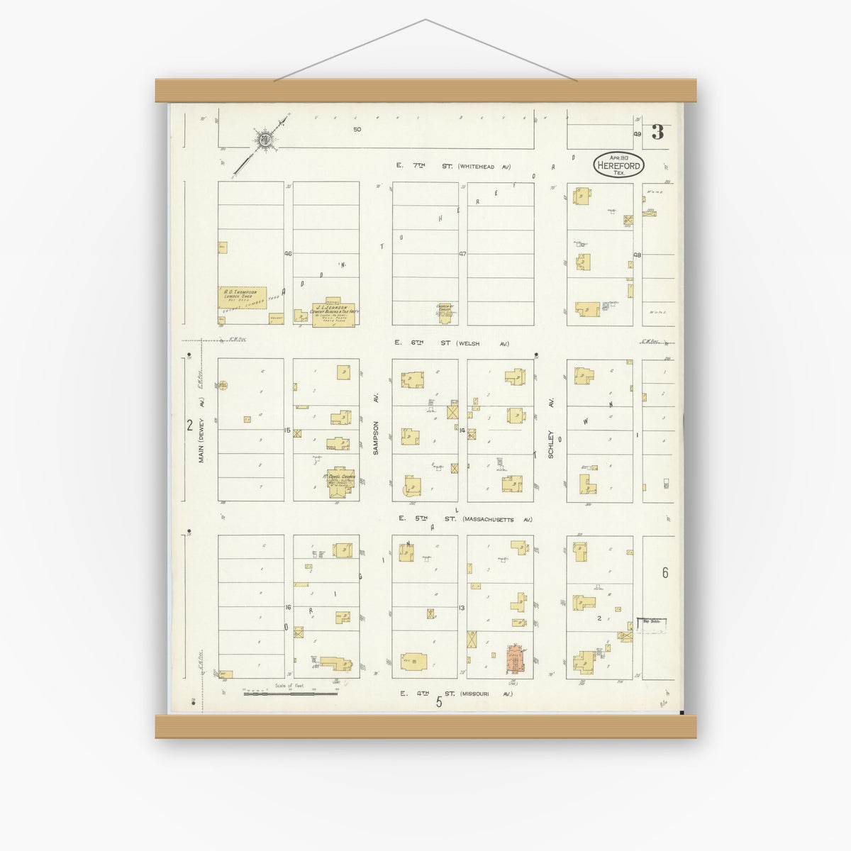 Old map wall art mockup — magnetic wood frame on white wall — Sanborn Fire Insurance Map from Hereford, Deaf Smith County, Texas (1913), Sheet #0003