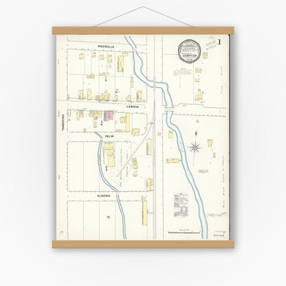 Old map wall art mockup — magnetic wood frame on white wall — Sanborn Fire Insurance Map from Compton, Los Angeles County, California (1891) - Complete Map Set