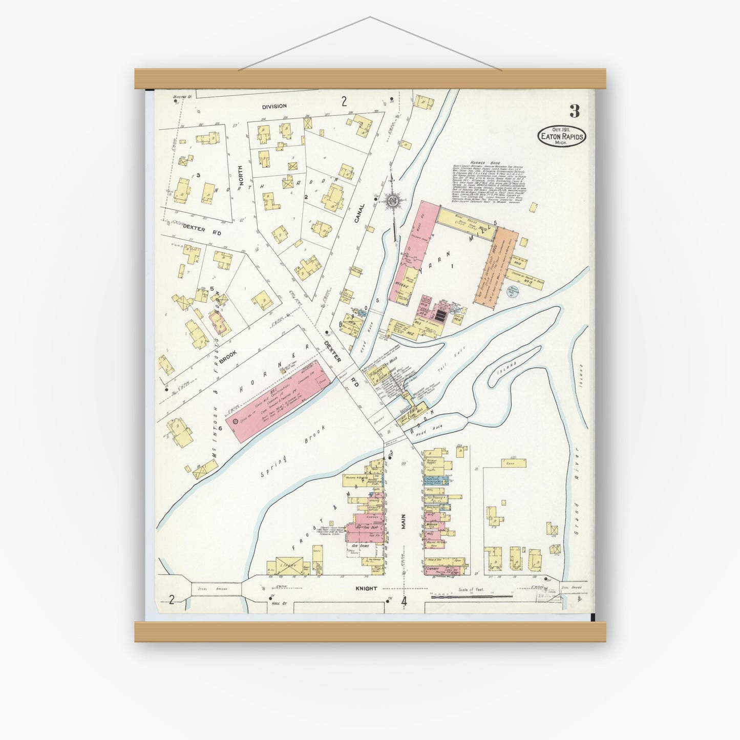 Old map wall art mockup — magnetic wood frame on white wall — Sanborn Fire Insurance Map from Eaton Rapids, Eaton County, Michigan (1911), Sheet #0003