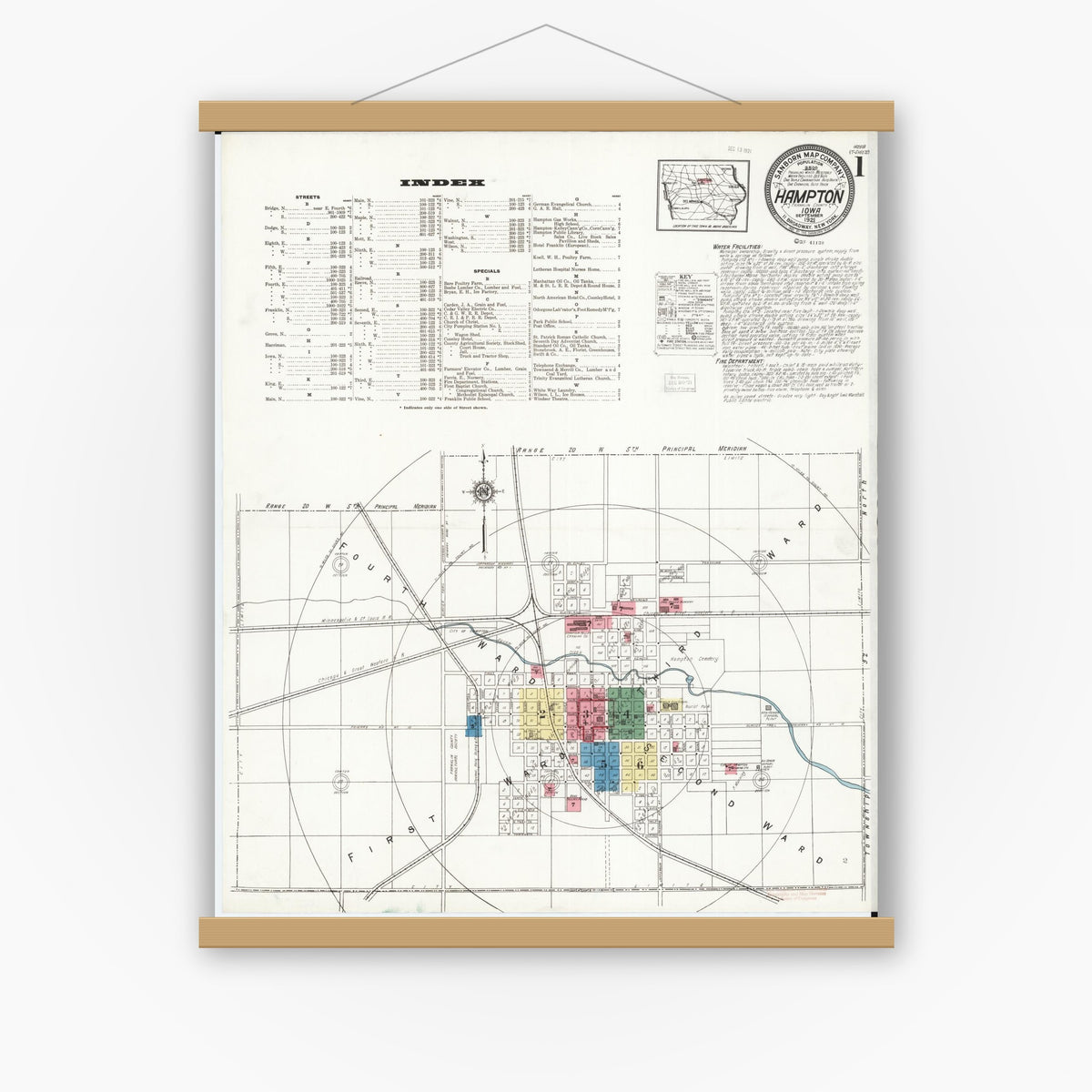 Old map wall art mockup — magnetic wood frame on white wall — Sanborn Fire Insurance Map from Hampton, Franklin County, Iowa (1921), Sheet #0001
