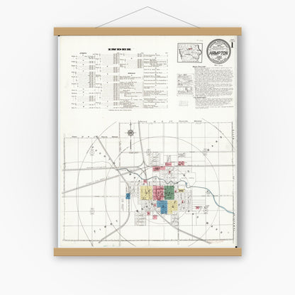 Old map wall art mockup — magnetic wood frame on white wall — Sanborn Fire Insurance Map from Hampton, Franklin County, Iowa (1921), Sheet #0001