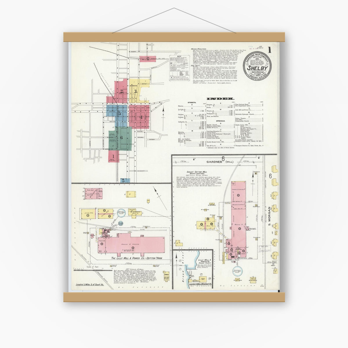 Old map wall art mockup — magnetic wood frame on white wall — Sanborn Fire Insurance Map from Shelby, Cleveland County, North Carolina (1909) - Complete Map Set