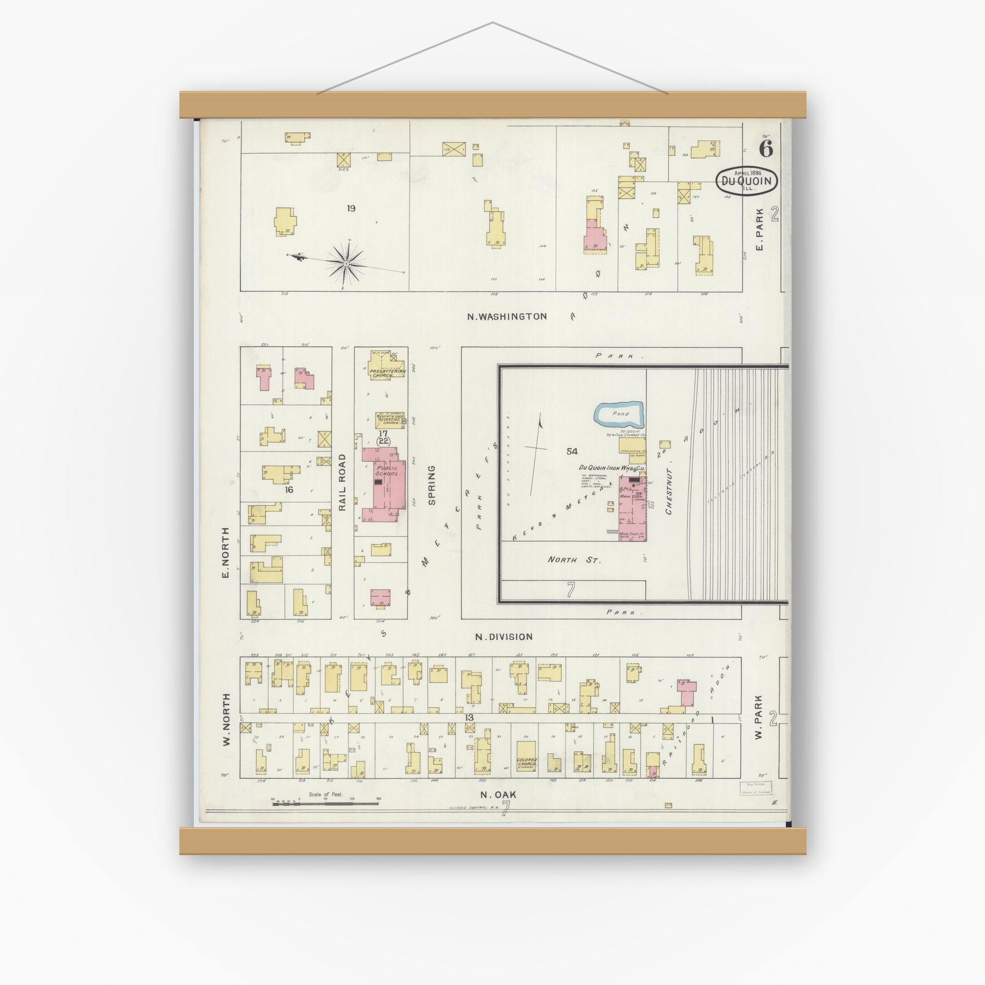 Old map wall art mockup — magnetic wood frame on white wall — Sanborn Fire Insurance Map from Du Quoin, Perry County, Illinois (1894), Sheet #0006