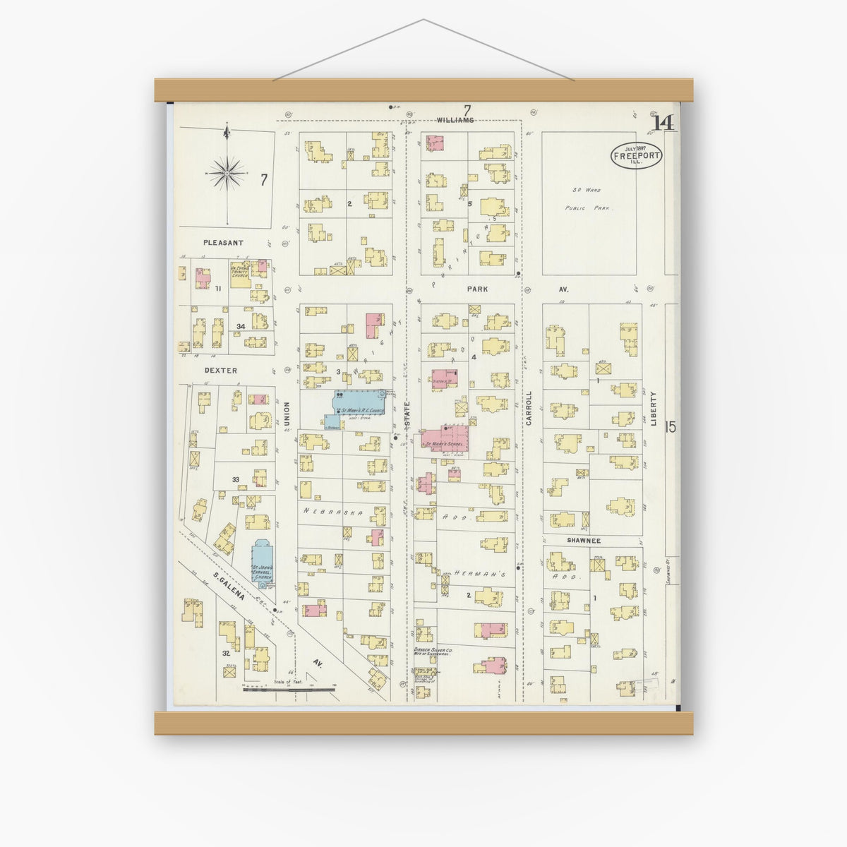 Old map wall art mockup — magnetic wood frame on white wall — Sanborn Fire Insurance Map from Freeport, Stephenson County, Illinois (1897), Sheet #0014
