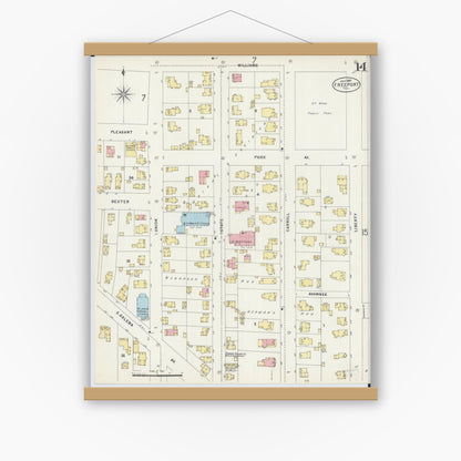 Old map wall art mockup — magnetic wood frame on white wall — Sanborn Fire Insurance Map from Freeport, Stephenson County, Illinois (1897), Sheet #0014