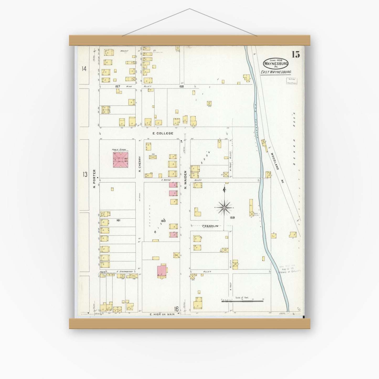 Old map wall art mockup — magnetic wood frame on white wall — Sanborn Fire Insurance Map from Waynesburg, Greene County, Pennsylvania (1908), Sheet #0015
