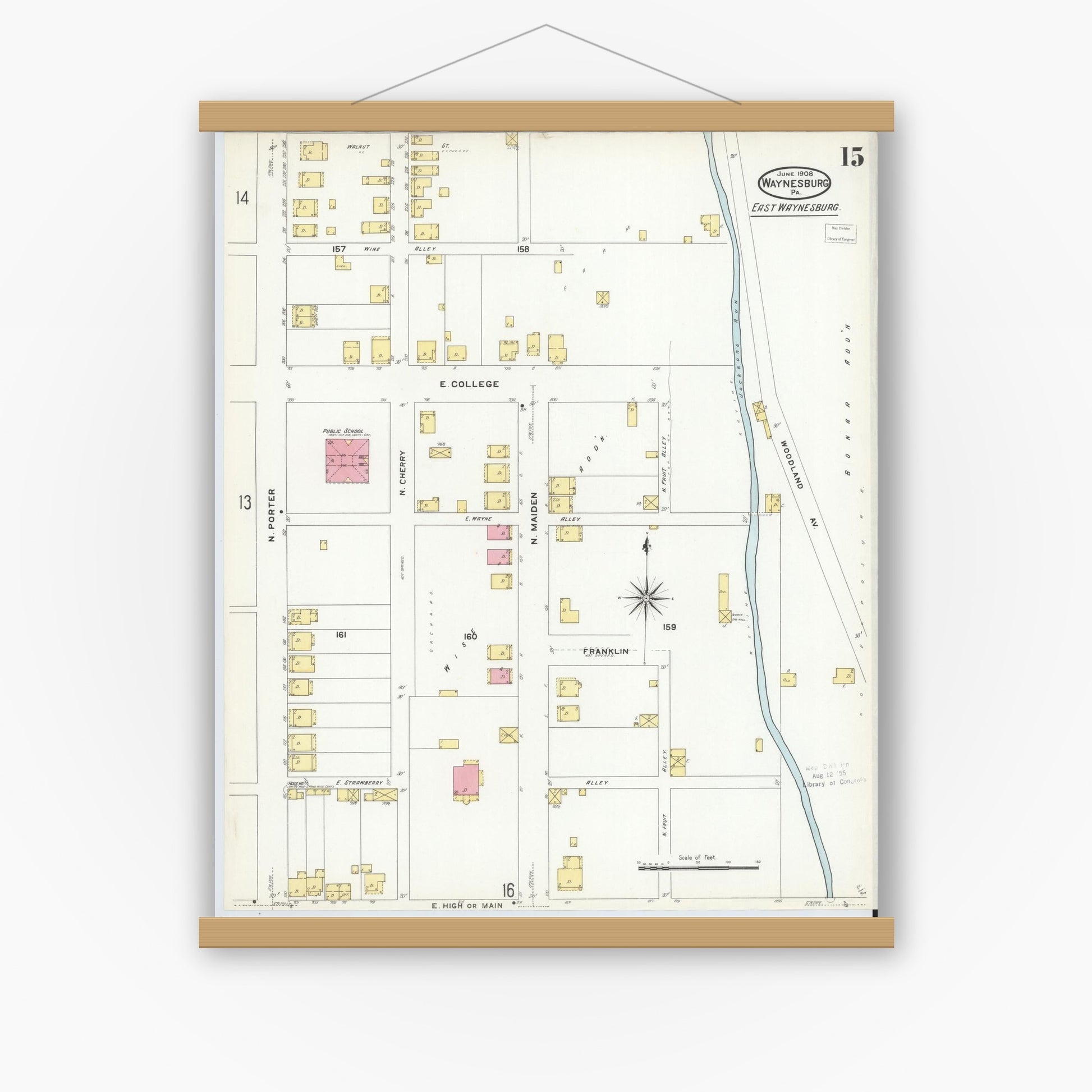 Old map wall art mockup — magnetic wood frame on white wall — Sanborn Fire Insurance Map from Waynesburg, Greene County, Pennsylvania (1908), Sheet #0015