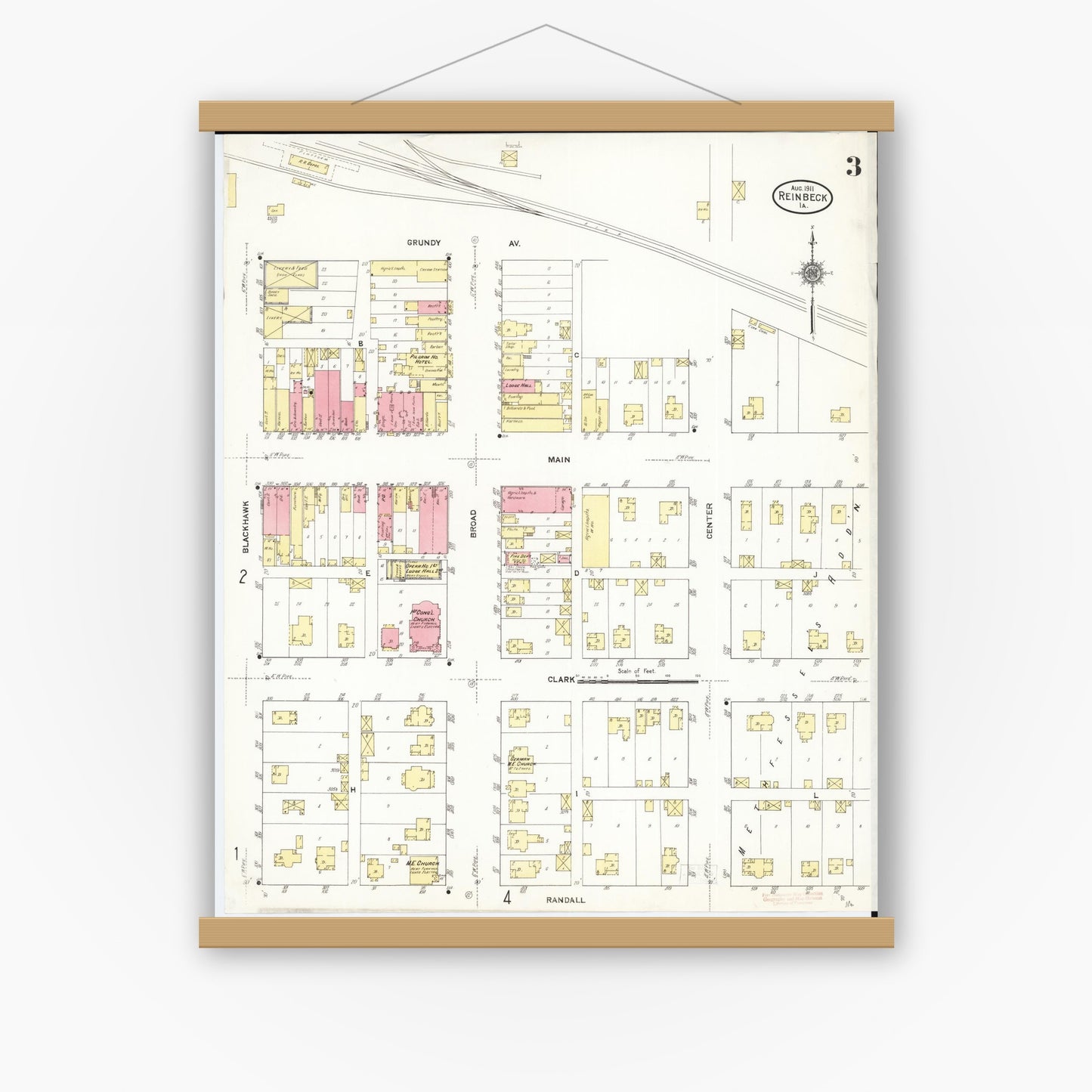 Old map wall art mockup — magnetic wood frame on white wall — Sanborn Fire Insurance Map from Reinbeck, Grundy County, Iowa (1911), Sheet #0003