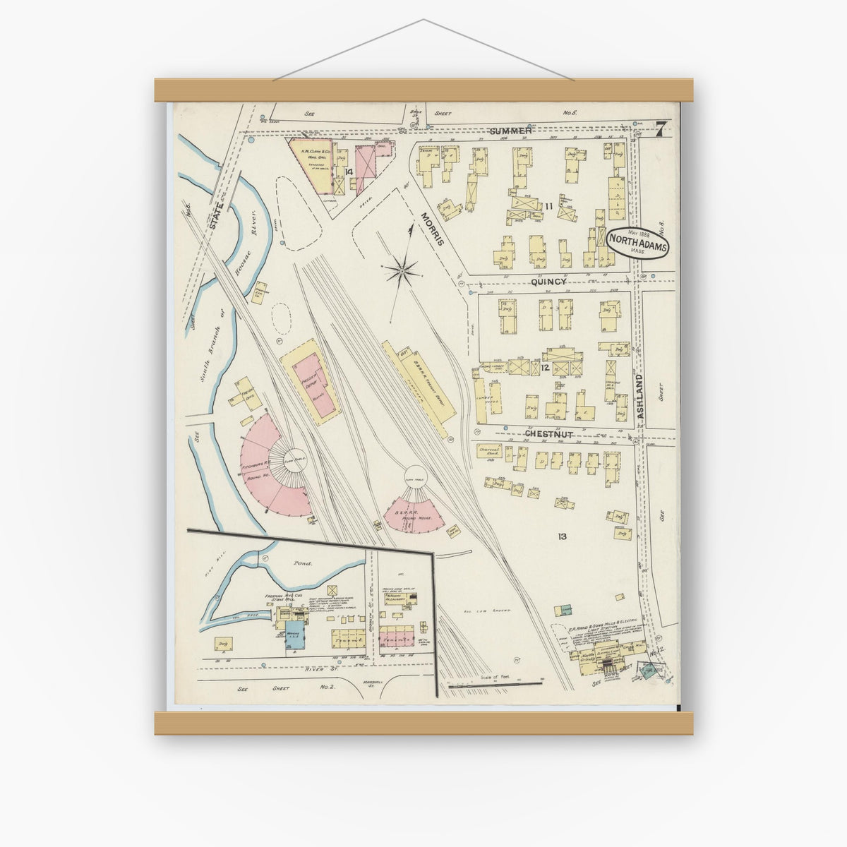Old map wall art mockup — magnetic wood frame on white wall — Sanborn Fire Insurance Map from North Adams, Berkshire County, Massachusetts (1888), Sheet #0007