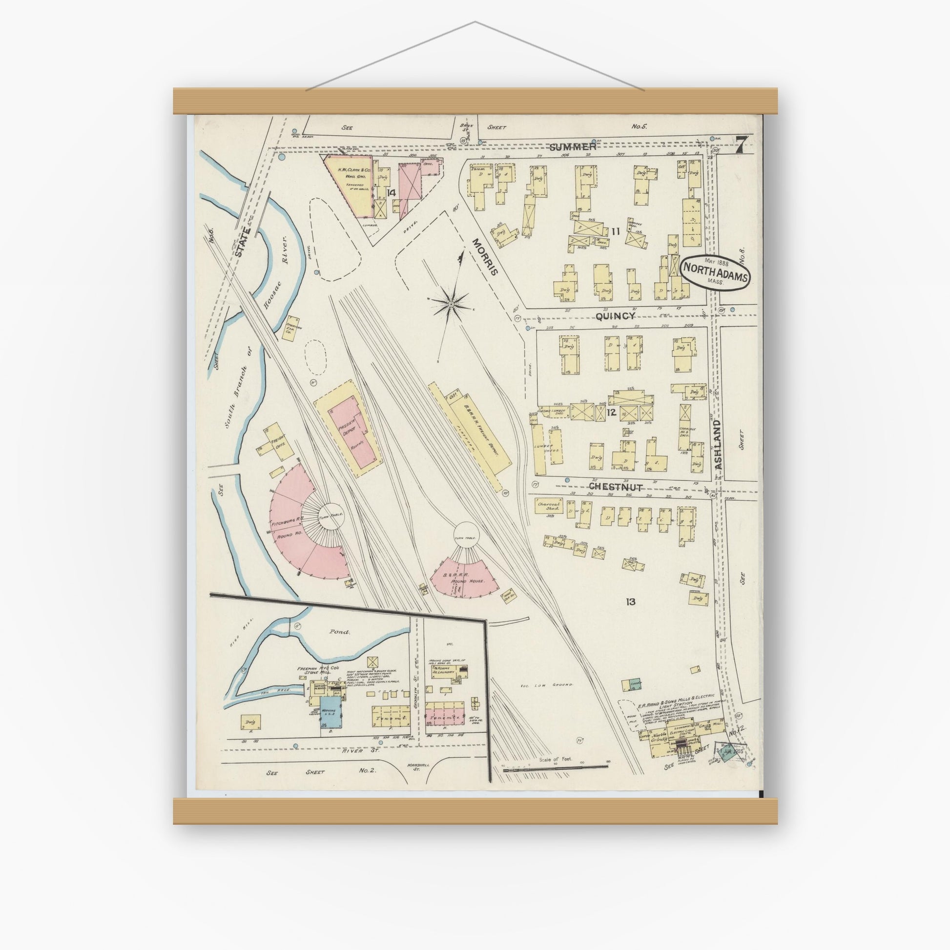 Old map wall art mockup — magnetic wood frame on white wall — Sanborn Fire Insurance Map from North Adams, Berkshire County, Massachusetts (1888), Sheet #0007