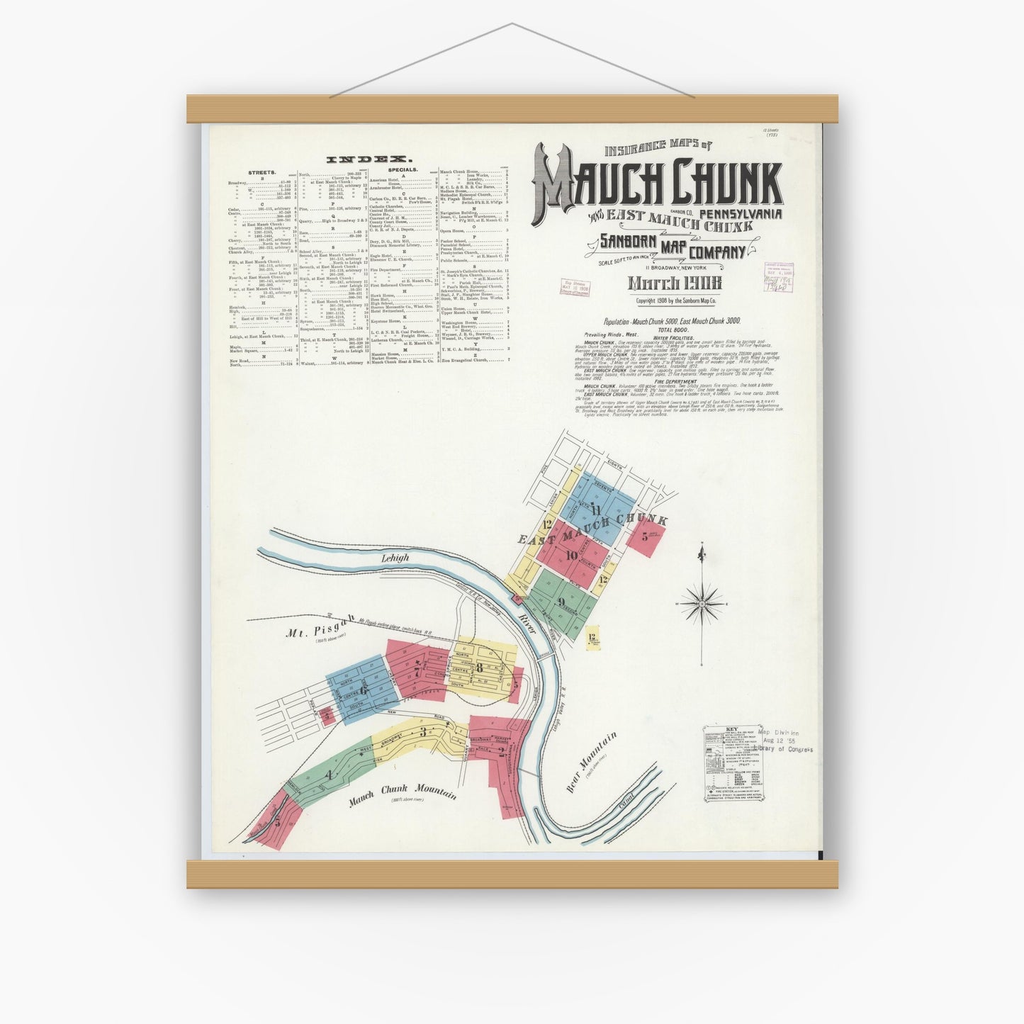 Old map wall art mockup — magnetic wood frame on white wall — Sanborn Fire Insurance Map from Mauch Chunk, Carbon County, Pennsylvania (1908) - Complete Map Set