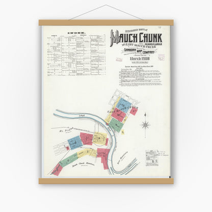 Old map wall art mockup — magnetic wood frame on white wall — Sanborn Fire Insurance Map from Mauch Chunk, Carbon County, Pennsylvania (1908) - Complete Map Set