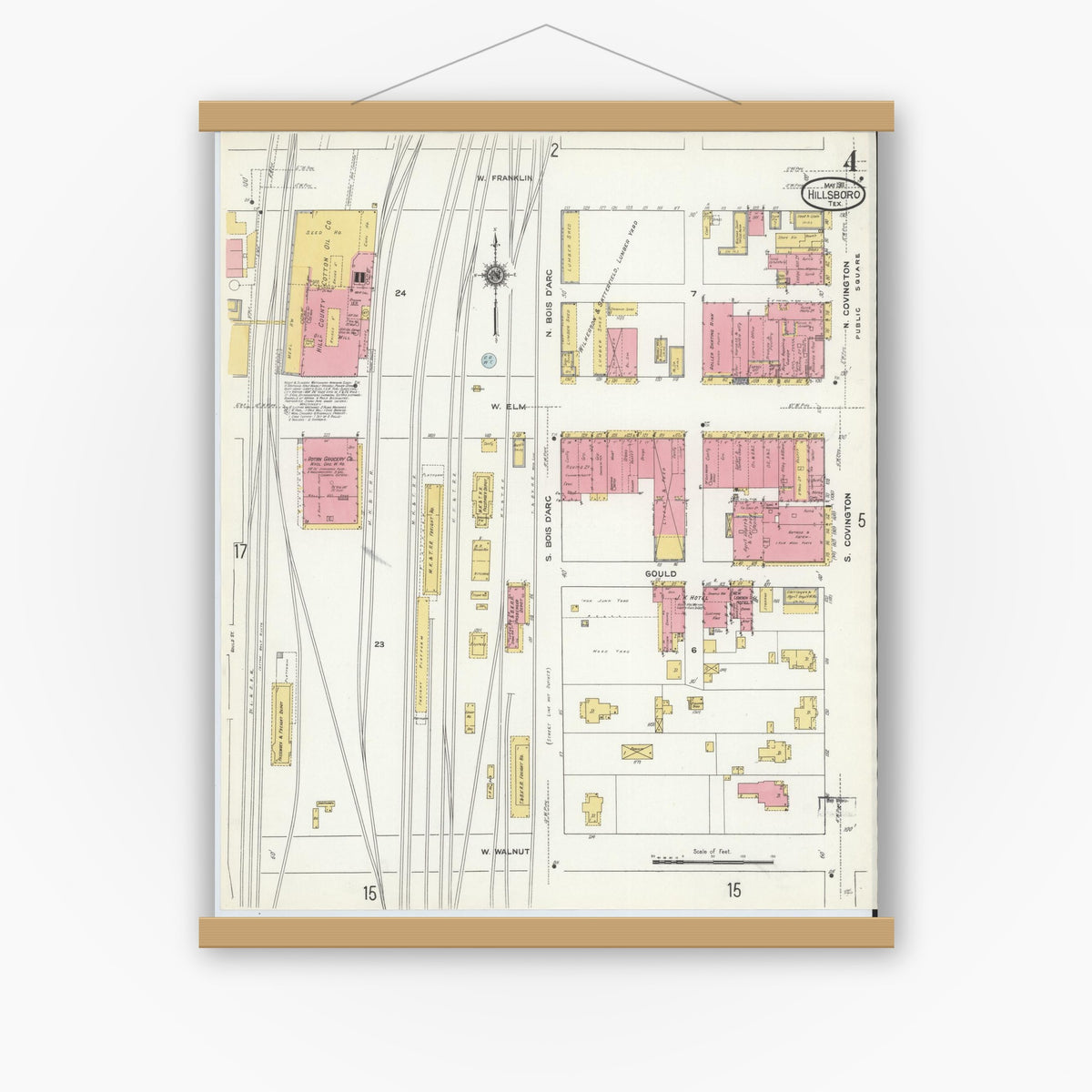 Old map wall art mockup — magnetic wood frame on white wall — Sanborn Fire Insurance Map from Hillsboro, Hill County, Texas (1911), Sheet #0004