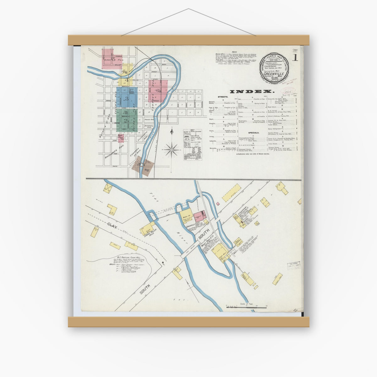 Old map wall art mockup — magnetic wood frame on white wall — Sanborn Fire Insurance Map from Greenville, Montcalm County, Michigan (1892), Sheet #0001
