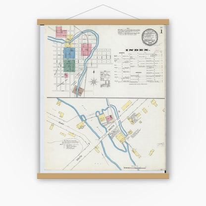 Old map wall art mockup — magnetic wood frame on white wall — Sanborn Fire Insurance Map from Greenville, Montcalm County, Michigan (1892), Sheet #0001
