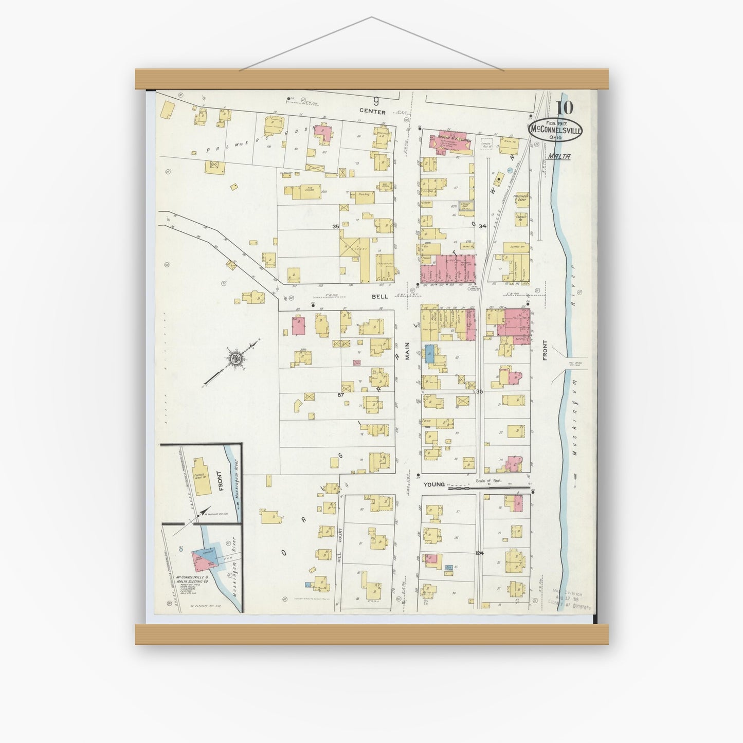 Old map wall art mockup — magnetic wood frame on white wall — Sanborn Fire Insurance Map from McConnelsville, Morgan County, Ohio (1917), Sheet #0010