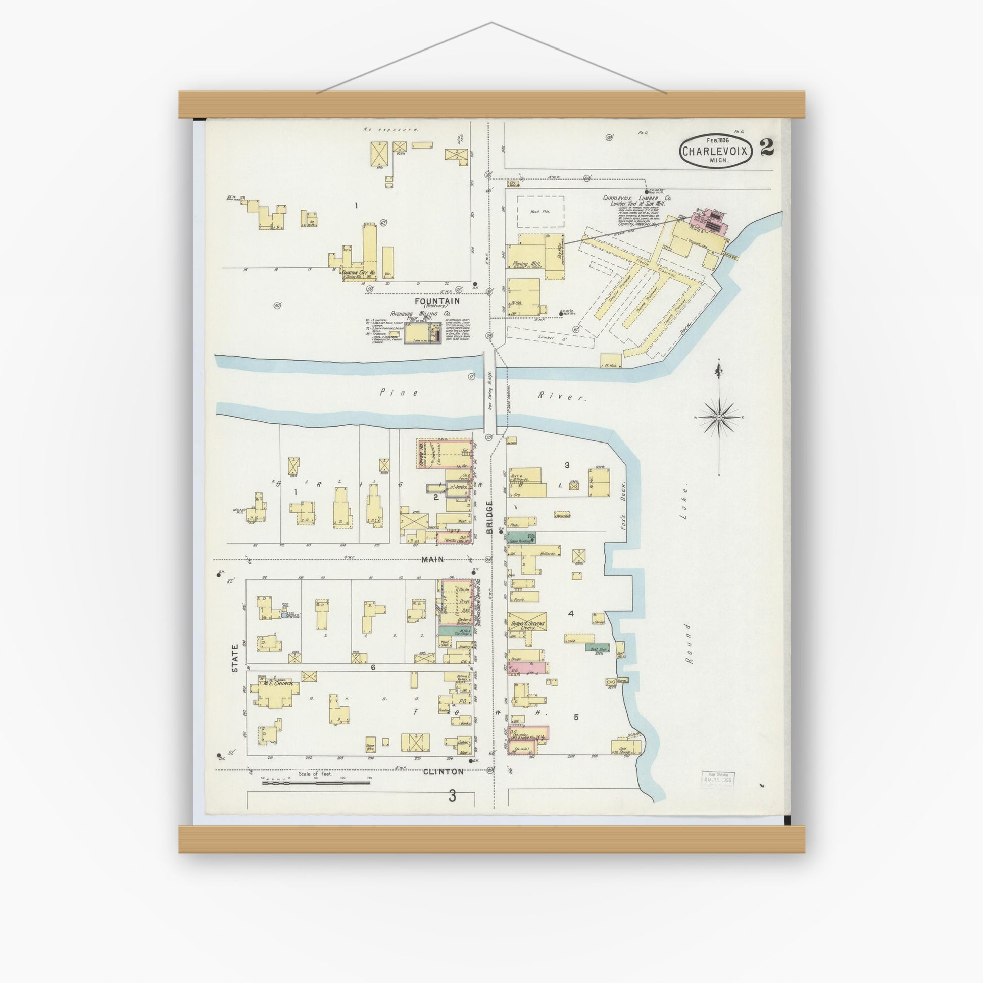 Old map wall art mockup — magnetic wood frame on white wall — Sanborn Fire Insurance Map from Charlevoix, Charlevoix County, Michigan (1896), Sheet #0002