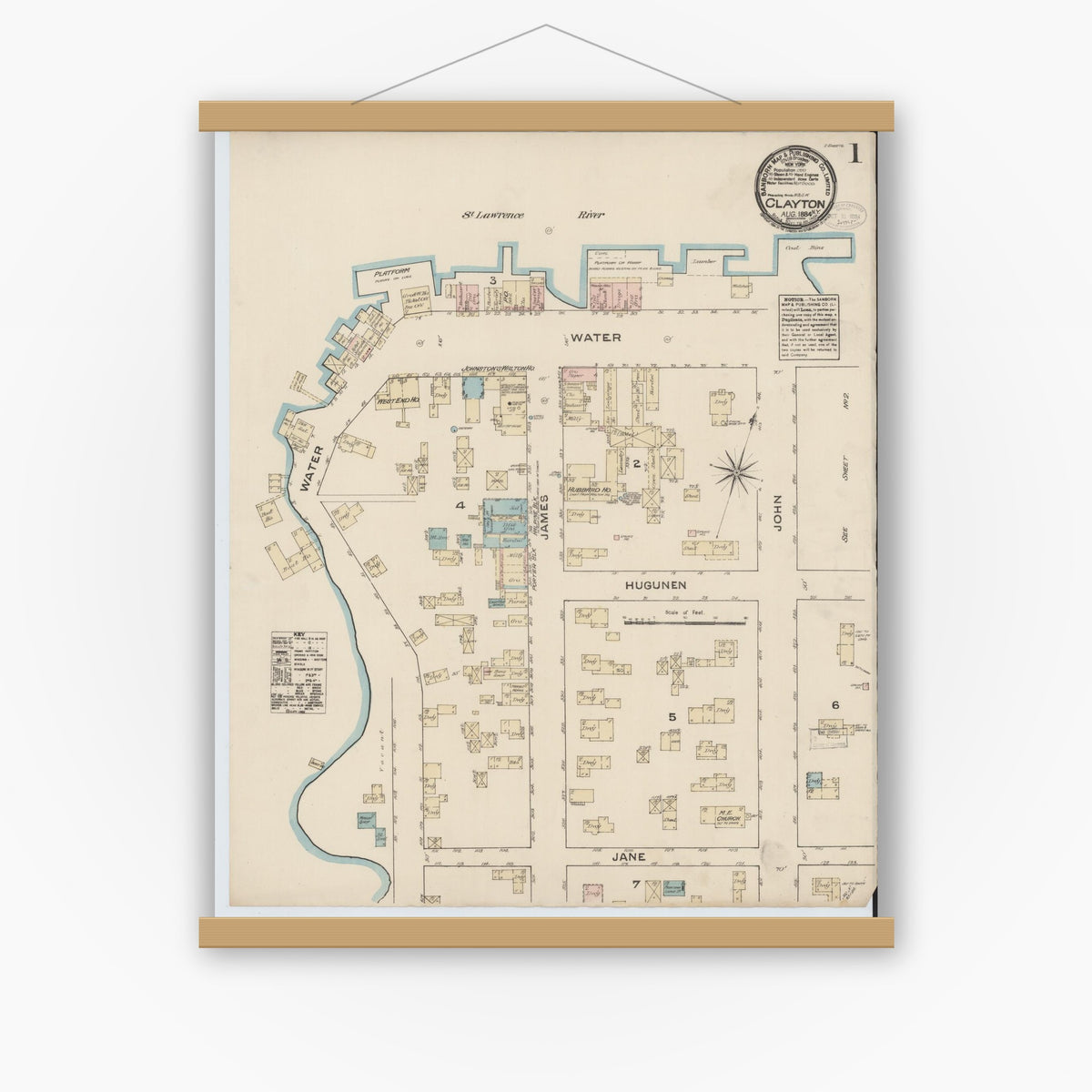 Old map wall art mockup — magnetic wood frame on white wall — Sanborn Fire Insurance Map from Clayton, Jefferson County, New York (1884) - Complete Map Set