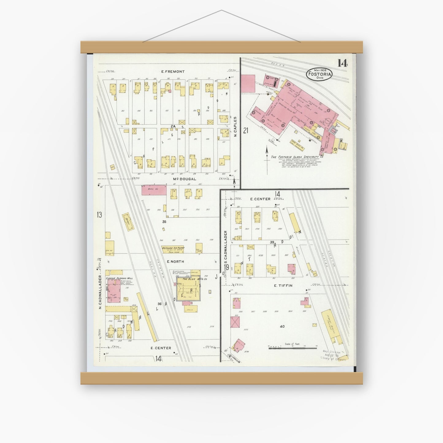 Old map wall art mockup — magnetic wood frame on white wall — Sanborn Fire Insurance Map from Fostoria, Seneca, Hancock, And Wood Counties, Ohio (1908), Sheet #0014