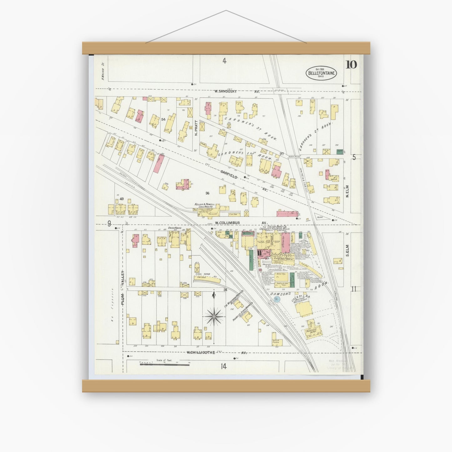Old map wall art mockup — magnetic wood frame on white wall — Sanborn Fire Insurance Map from Bellefontaine, Logan County, Ohio (1901), Sheet #0010