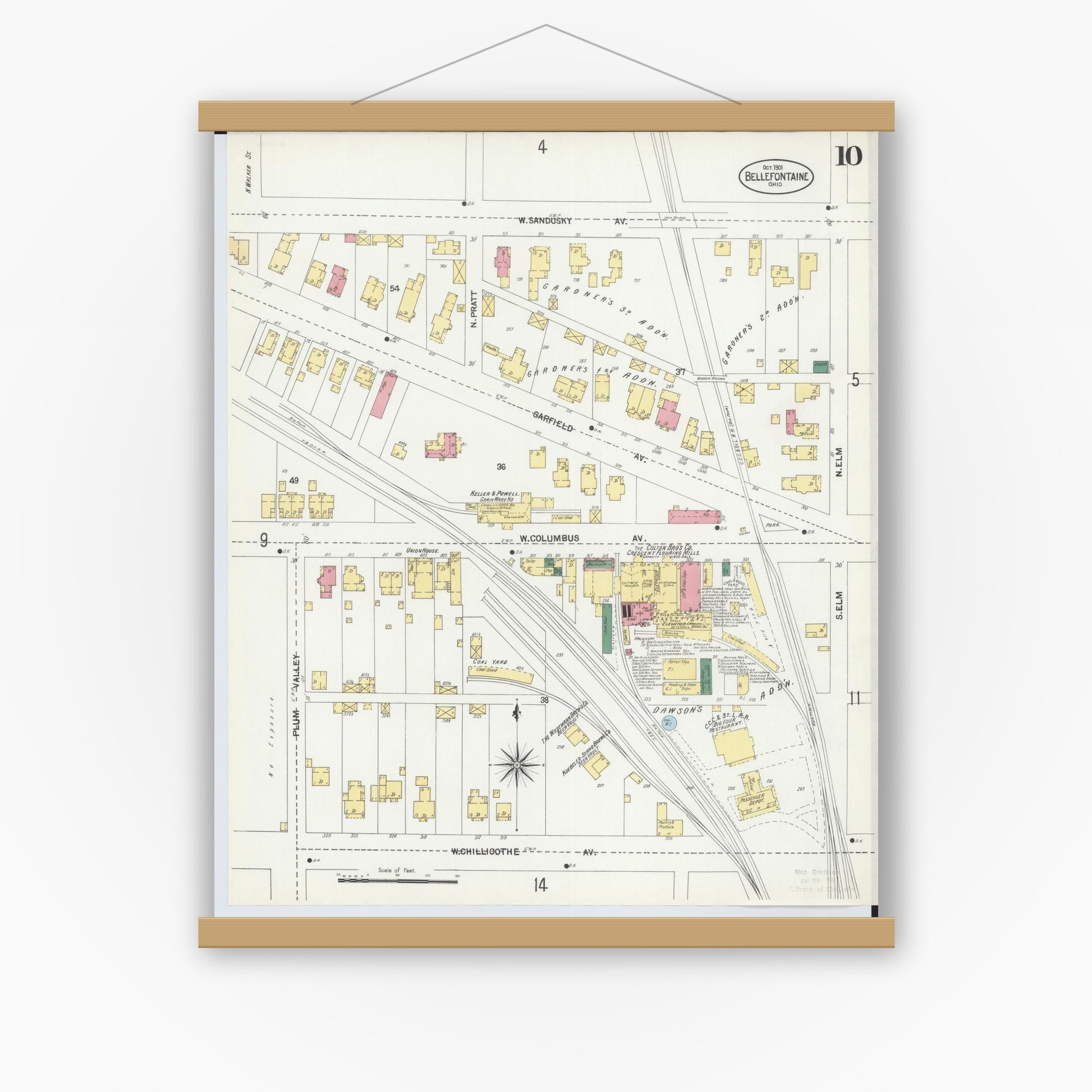 Old map wall art mockup — magnetic wood frame on white wall — Sanborn Fire Insurance Map from Bellefontaine, Logan County, Ohio (1901), Sheet #0010
