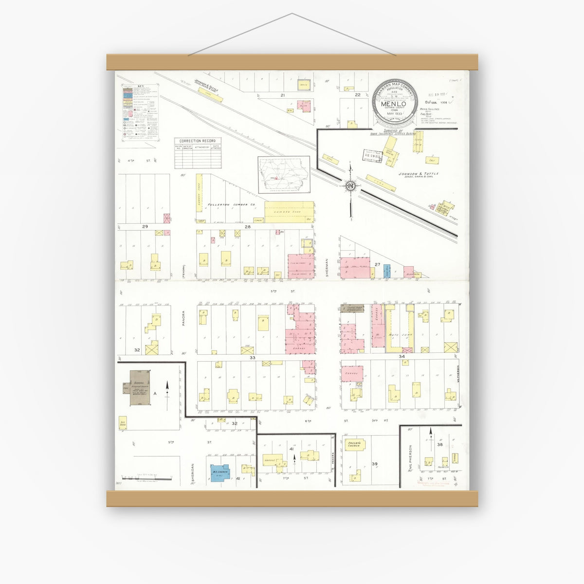 Old map wall art mockup — magnetic wood frame on white wall — Sanborn Fire Insurance Map from Menlo, Guthrie County, Iowa (1933), Sheet #0001