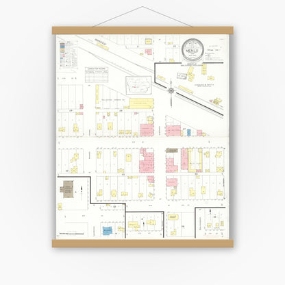 Old map wall art mockup — magnetic wood frame on white wall — Sanborn Fire Insurance Map from Menlo, Guthrie County, Iowa (1933), Sheet #0001