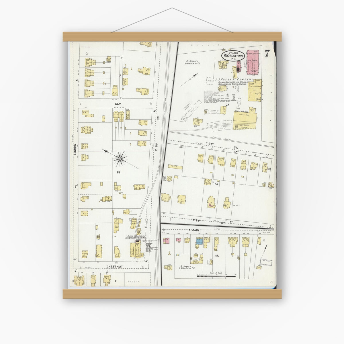 Old map wall art mockup — magnetic wood frame on white wall — Sanborn Fire Insurance Map from Moorestown, Burlington County, New Jersey (1905), Sheet #0007