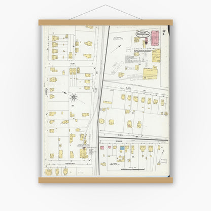 Old map wall art mockup — magnetic wood frame on white wall — Sanborn Fire Insurance Map from Moorestown, Burlington County, New Jersey (1905), Sheet #0007