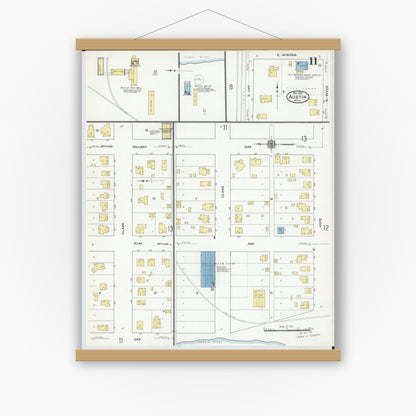 Old map wall art mockup — magnetic wood frame on white wall — Sanborn Fire Insurance Map from Austin, Mower County, Minnesota (1910), Sheet #0011