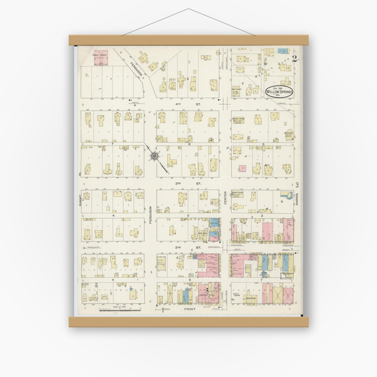 Old map wall art mockup — magnetic wood frame on white wall — Sanborn Fire Insurance Map from Willow Springs, Howell County, Missouri (1914), Sheet #0002