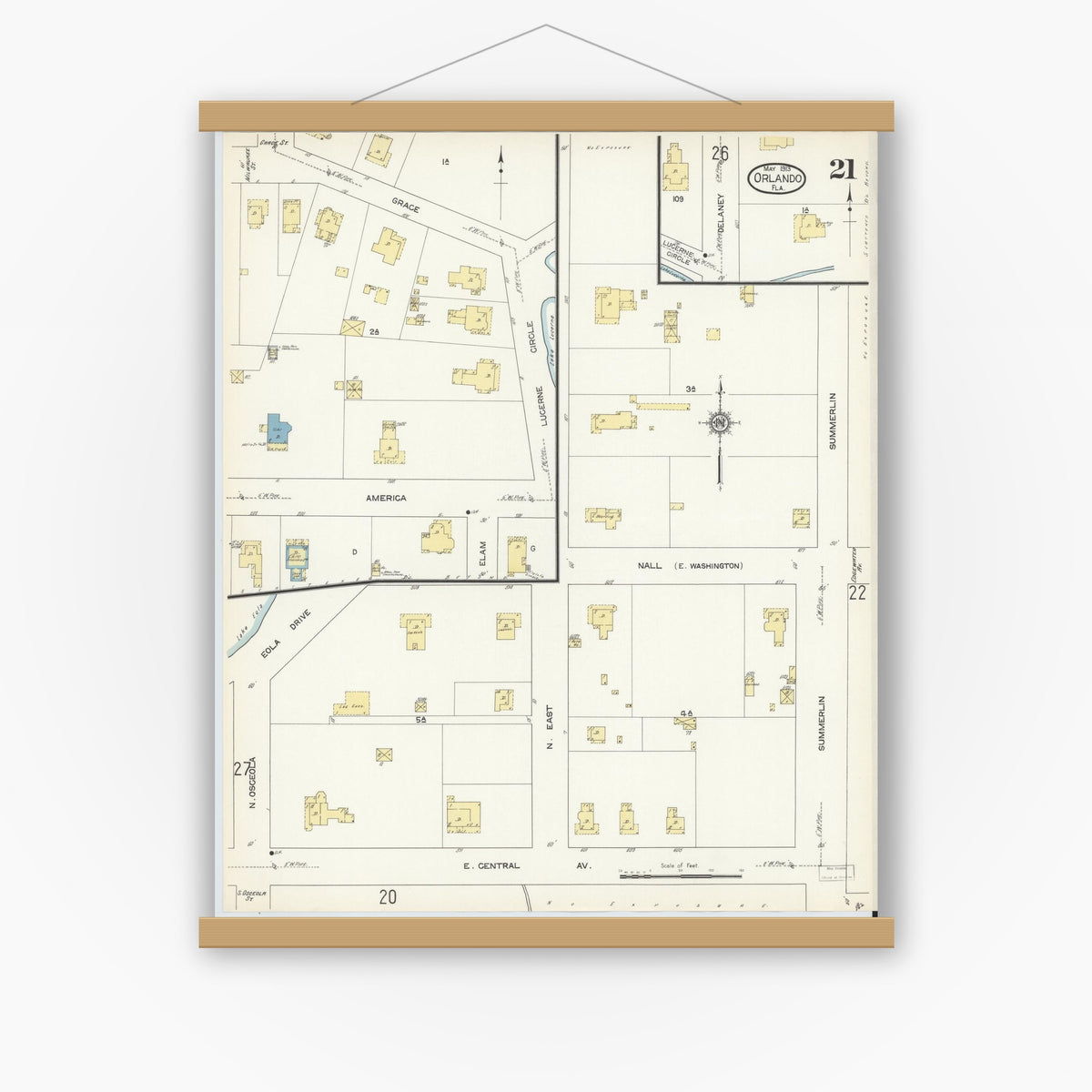 Old map wall art mockup — magnetic wood frame on white wall — Sanborn Fire Insurance Map from Orlando, Orange County, Florida (1913), Sheet #0021
