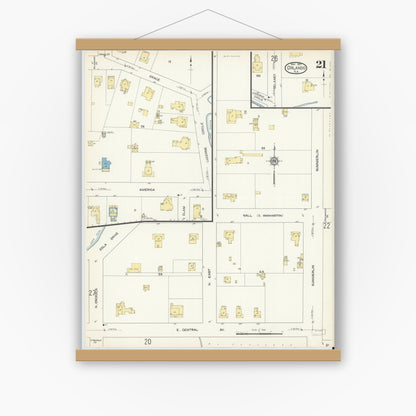 Old map wall art mockup — magnetic wood frame on white wall — Sanborn Fire Insurance Map from Orlando, Orange County, Florida (1913), Sheet #0021