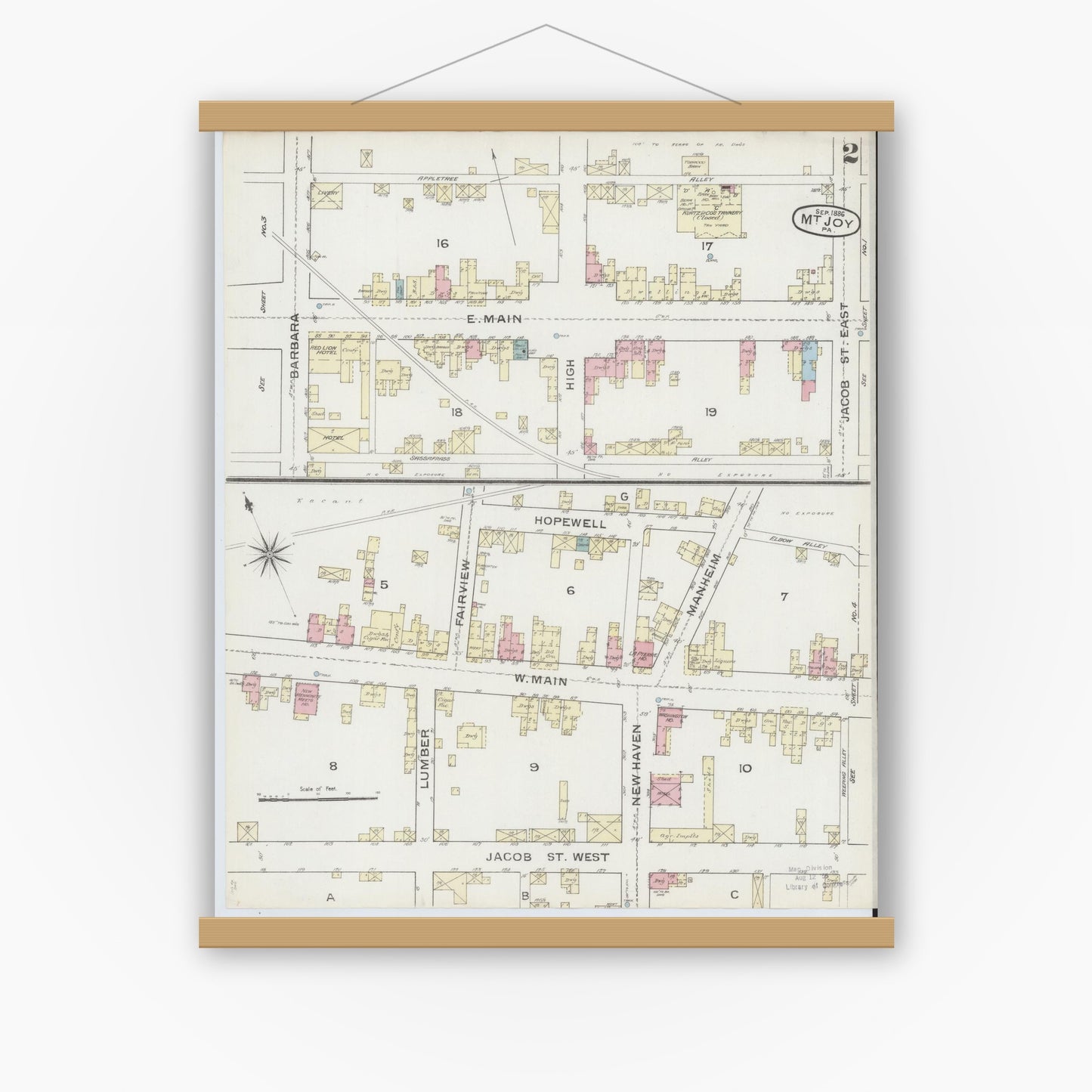 Old map wall art mockup — magnetic wood frame on white wall — Sanborn Fire Insurance Map from Mount Joy, Lancaster County, Pennsylvania (1886), Sheet #0002