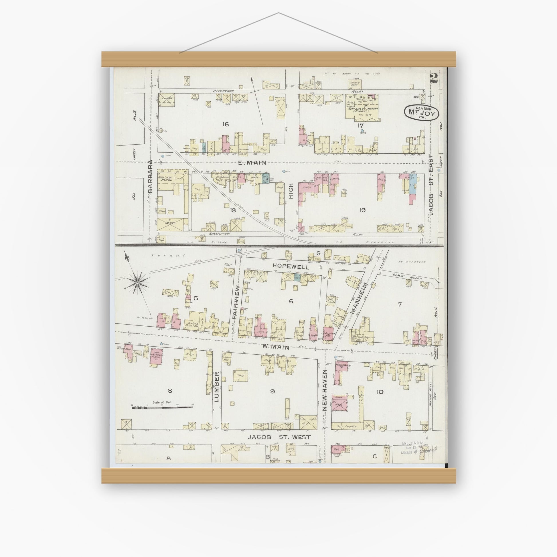Old map wall art mockup — magnetic wood frame on white wall — Sanborn Fire Insurance Map from Mount Joy, Lancaster County, Pennsylvania (1886), Sheet #0002